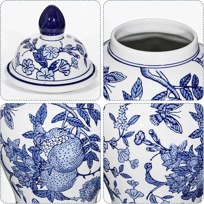 Blue and White Vase Ginger Jar - 12" Chinoiserie Decor Large Ginger Jar Blue & White Porcelain Flower Ceramic Covered Jars with Lid Chinoiserie Decorative Vase for Home Room Office Centerpieces