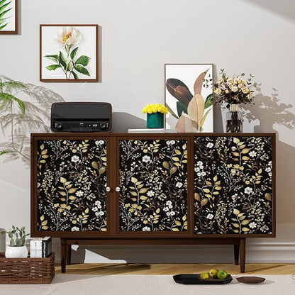 Boho Wallpaper Peel and Stick Dark Floral Wallpaper 17.5in x118in Vintage Leaf Contact Paper Vinyl Waterproof Self Adhesive Golden Leaf Botanical Wall Paper for Cabinet Table Drawer Decor