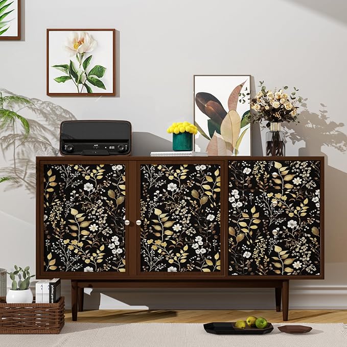 Boho Wallpaper Peel and Stick Dark Floral Wallpaper 17.5in x393in Vintage Leaf Contact Paper Vinyl Waterproof Self Adhesive Golden Leaf Botanical Wall Paper for Cabinet Table Drawer Decor