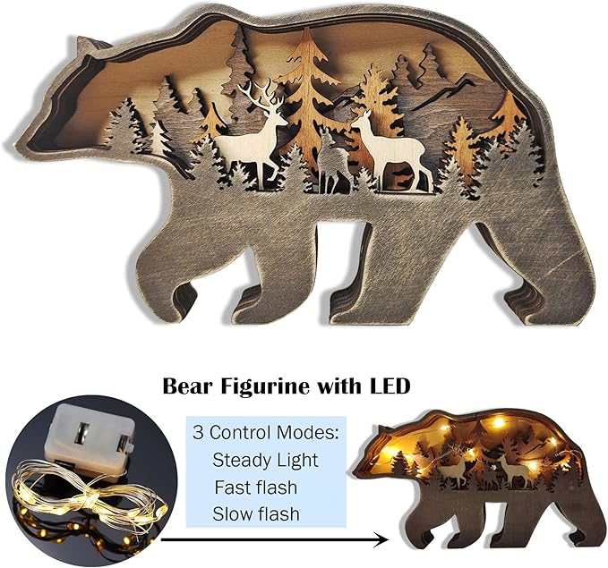 Light Up Bear Art Decor Wooden Brown Bear Figurine with LED Home Shelf Desk Decorations Rustic Multi-Layer Bear Crafts