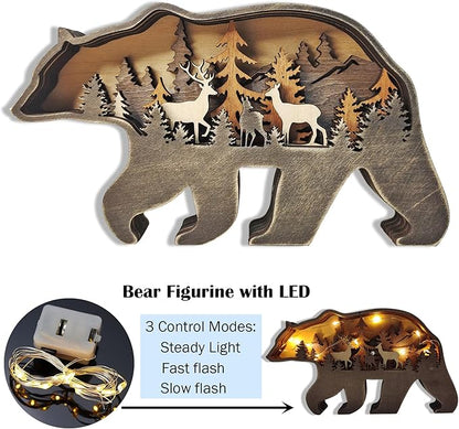 Light Up Bear Art Decor Wooden Brown Bear Figurine with LED Home Shelf Desk Decorations Rustic Multi-Layer Bear Crafts