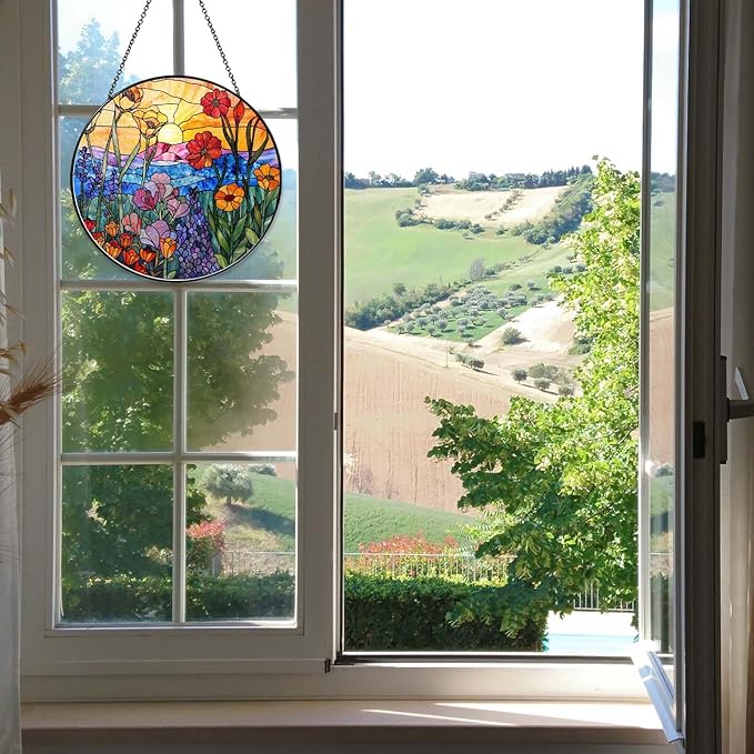 Wildflowers Sun Catcher 9.8'' Stained Glass Window Hanging Plant Lover Gifts for Women Wildflowers Wall Decor Handmade Sun Catcher Decoration for Window Garden Home Christmas & Birthday Gifts