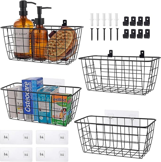 Wire Hanging Wall Basket, 4 Black Baskets Set Adhesive Wall Mount Organizer for Pantry Kitchen RV Bathroom Cabinet Storage Organization