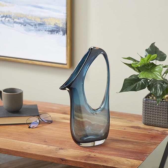 Deco 79 Glass Abstract Decorative Vase Ombre Centerpiece Vase with Cutout Handle and Elongated Opening, Flower Vase for Home Decoration 9" x 4" x 16", Blue