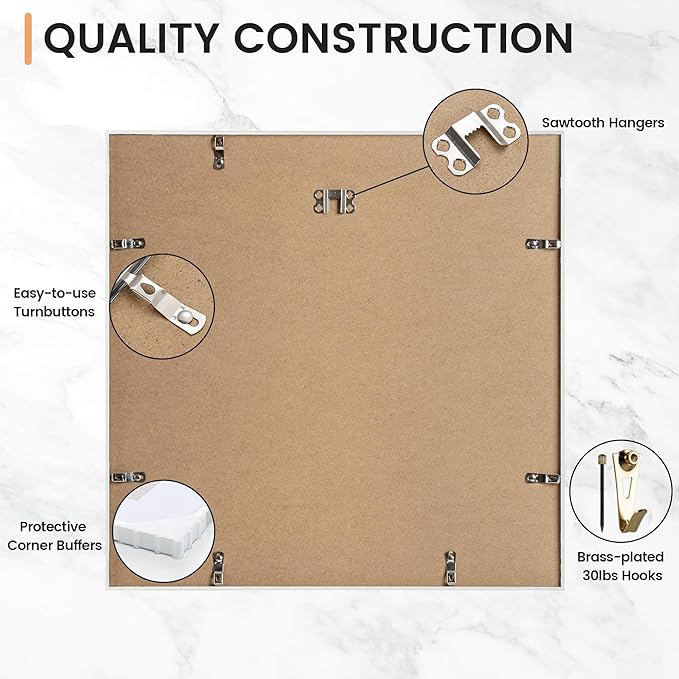 16x16 inch Metal Picture Frame - Thin Aluminum Square Photo Frames with 12x12 Removable Mat - High Definition Plexiglass - Vertical and Horizontal Display - Wall Hook Hanging Hardware Included - Silver, Set of 1
