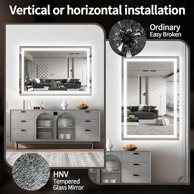 HNV Vanity Mirror with Lights 32"x22" Large Lighted Makeup Mirror, Dimmable 3-Color LED, Touch Screen, Wall-Mount or Tabletop, Ultra-Clear for Bathroom & Bedroom (White)