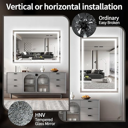 HNV Vanity Mirror with Lights 32"x22" Large Lighted Makeup Mirror, Dimmable 3-Color LED, Touch Screen, Wall-Mount or Tabletop, Ultra-Clear for Bathroom & Bedroom (White)