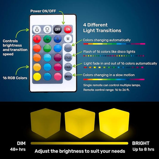 12-Inch LED Rechargeable Decorative Light Cube | Waterproof, Dimmable, Adjustable RGB Color Changing with Remote Control for Indoor Outdoor Decorative Lighting