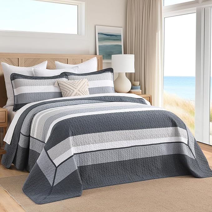 SahSahCasa 120"x120" 100% Cotton Oversized California King Bedspread Coverlet Striped Quilt Set, Cal King Quilted Bedspread Extra Large Quilt, XL Bed Spread Lightweight Comforter, Dark Slate Gray