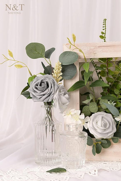 N&T NIETING Roses Artificial Flowers, 50Pcs Fake Flowers Foam Roses with Stems for DIY Wedding Bridesmaid Bridal Bouquets Centerpieces Party Home Decoration Baby Shower, Silver White and Silver Grey