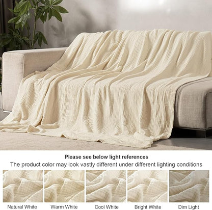 PHF 100% Cotton Muslin Throw Blanket 50" x 60", 4-Layer Lightweight Gauze Throw, Breathable Cloud-Soft Minimalist Blanket for Bed, Couch, Camping & Baby, Beige/Short Bread, Ideal Gift