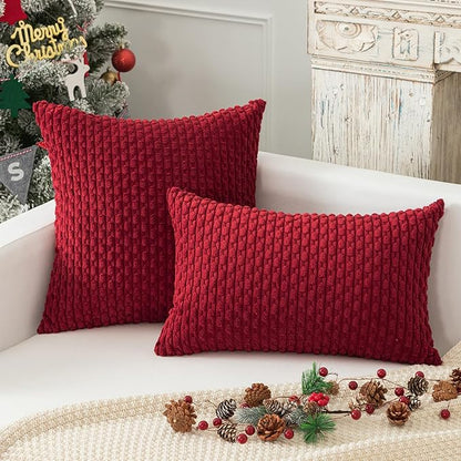 Kevin Textile 14x24 Inch Pillow Cover 1 Pack Boho Christmas Decorative Soft Striped Corduroy Lumbar Farmhouse Color Accent Rectangle Cushion Case for Living Room Couch Sofa Bed, Burgundy