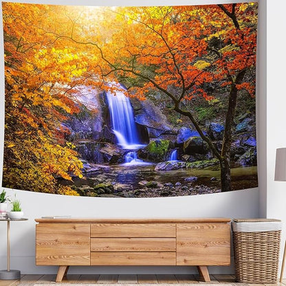 Delur Waterfall Tapestry Forest Nature Scenic Tree Mountain Sunset Tapestry Wall Hanging Natural Landscape Sunrise Headboard for Bedroom Living Room Home Decor (51.2" x 59.1")