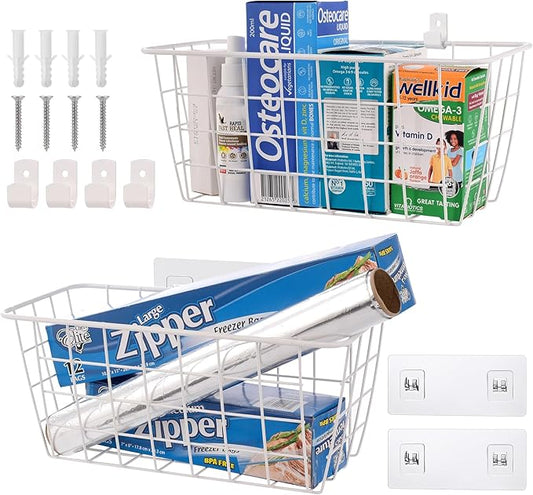 Wire Hanging Wall Basket, 2 White Baskets Set Adhesive Wall Mount Organizer for Pantry Kitchen RV Bathroom Cabinet Storage Organization