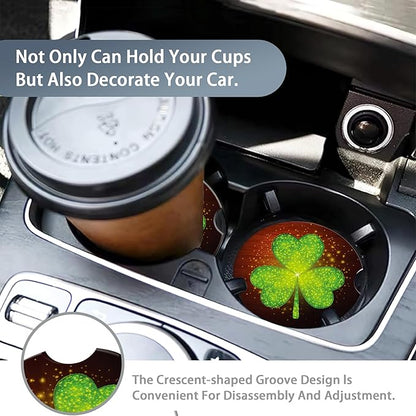 Green Clover Glitter Car Cup Holder Coaster,St. Patrick Day Car Coasters for Cup Holder,2 PCS Absorbent Insert Ceramic Car Assecories with Cork Back & Finger Notch for Women Men