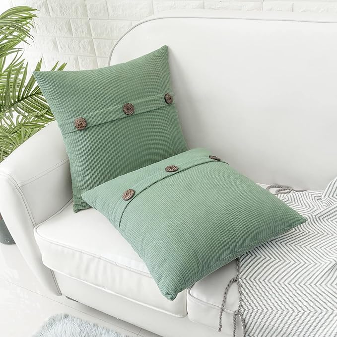 HWY 50 Sage Green Chenille Throw Pillow Covers 18x18 Inch with Triple Buttons, Soft Spring Farmhouse Accent Decorative Cushion Cases for Couch Sofa Bed Living Room Bedroom Pack of 2