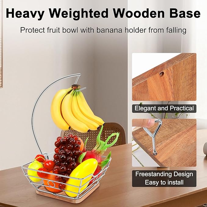 Livabber Countertop Fruit Basket Bowl with Banana Hanger, Modern Standing Fruit Vegetable Bowl Storage, with Banana Tree Holder for Kitchen Dinning Table (Square Wood, Chrome)