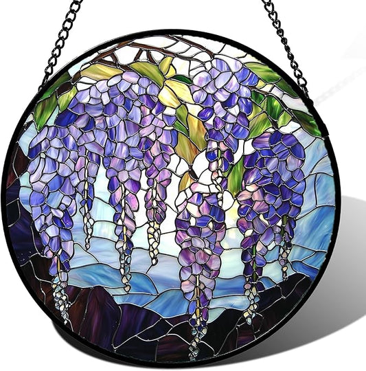 DASTOLL Stained Glass Window Hanging, Purple Wisteria Flowers Suncatcher for Doors Window Home Plant Sun Catchers Decoration Mother's Day Birthday Gifts for Women, Men, and Mom 11.8x11.8 in