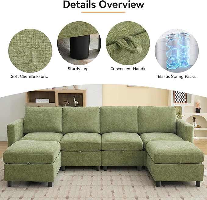 58”Modular Sectional Loveseat Sofa, Modern Love Seat 2 Seater Sofa Couch with Storage, Chenille Modular Sectional Couch for Living Room, Bedroom, Office, Small Apartment, Green