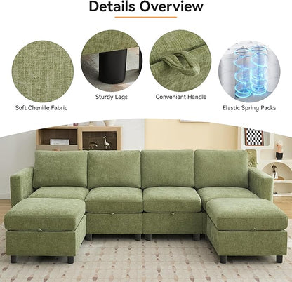 83”L-Shaped Modular Sectional Sofa with Storage & Movable Ottoman, Convertible 4-Seat Reversible Chaise Chenille Couch for Living Room, Soft Green Fabric, Modern Design