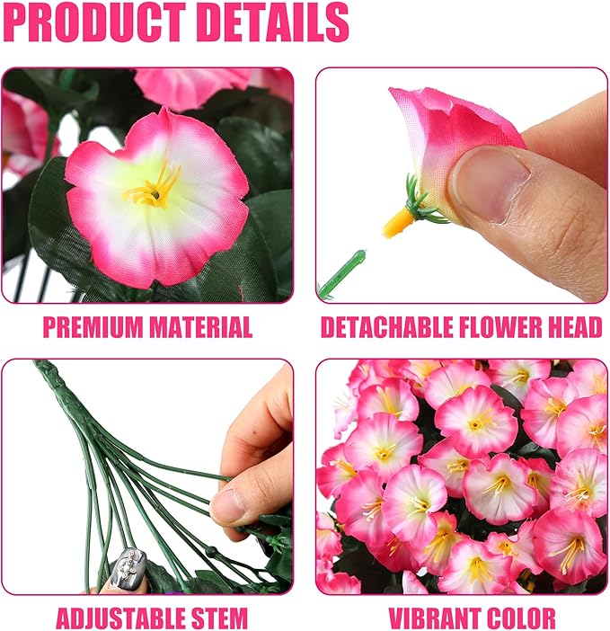 Sggvecsy Artificial Fake Hanging Flowers Plants for Outdoor Outside Spring Summer Decoration 4PCS Faux Silk UV Resistant Realistic Morning Glory Trailing Vines for Home Porch Patio Balcony(Pink)