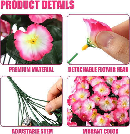 Sggvecsy Artificial Fake Hanging Flowers Plants for Outdoor Outside Spring Summer Decoration 4PCS Faux Silk UV Resistant Realistic Morning Glory Trailing Vines for Home Porch Patio Balcony(Pink)