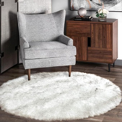 Latepis Round Area Rugs 6ft White with Grey Tips Faux Sheepskin Fur Circle Rugs for Living Room Washable Fuzzy Rug for Bedroom Nursery Dorm Entertainment Room Luxury Home Decor