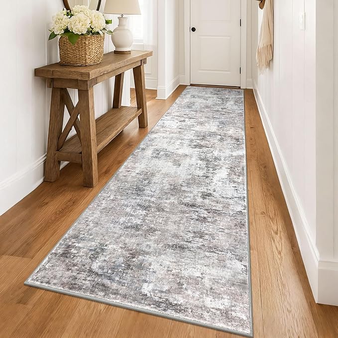 Modern Abstract 3x14 Runner Rug, Beige Grey Neutral Washable Long Kitchen Runner Non-Slip Soft Hallway Rug Runner Thin Print Faux Wool Floor Carpet for Hall Stair Entryway