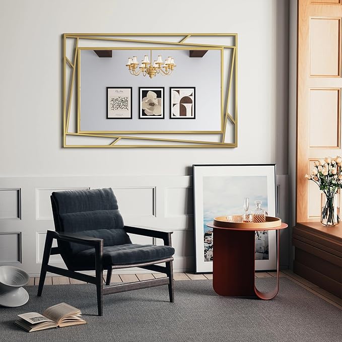 Brushed Gold Bathroom Mirror, 48''X24'' Rectangular Wall Mirrors with Geometric Metal Frame for Bathroom Bedroom Living Room, Hang Horizontally or Vertically