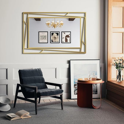 Brushed Gold Bathroom Mirror, 48''X24'' Rectangular Wall Mirrors with Geometric Metal Frame for Bathroom Bedroom Living Room, Hang Horizontally or Vertically