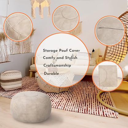 Thgonwid Unstuffed Moroccan Storage Pouf Foot Stool Ottoman Seat Handmade Faux Leather Bean Bag Floor Chair Foot Rest for Living Room, Bedroom or Balcony (Mushroom)