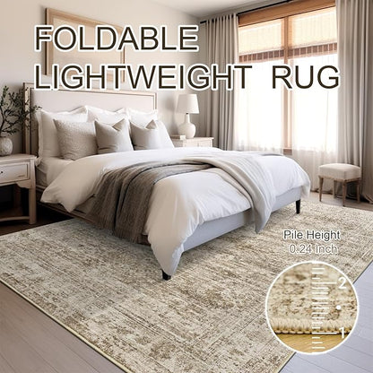 10x14 Area Rugs for Living Room, Non Slip Machine Washable Vintage Rugs, Low Pile Lightweight Large Rug for Bedroom, Dining Room, Home Office Brown