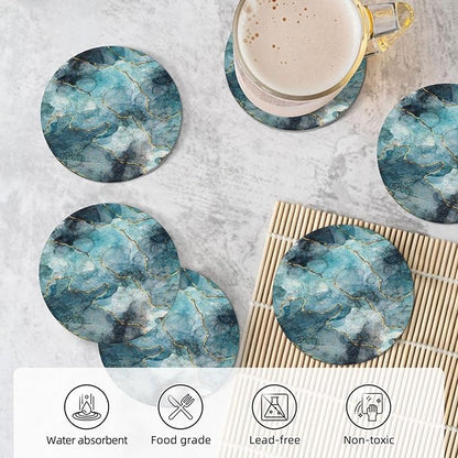 6 Pcs Ceramic Coasters with Holder Absorbent Drink Round Gold and Blue Marble Style Design for Home Table Coffee Cup Wine Beer Bar,Size 4.4 inches