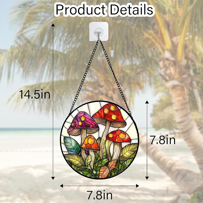 DASTOLL Stained Glass Window Hanging, Mushroom Leaves Suncatcher for Doors Home Sun Catchers Decoration and Christmas, Mother's Day Birthday Gifts for Women, Men, and Mom 7.8 in