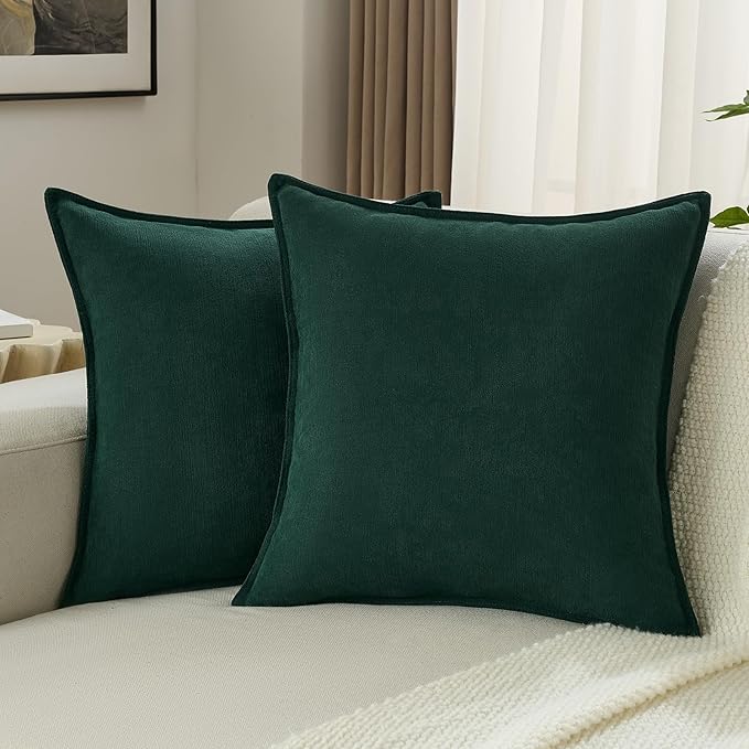FUTEI Christmas Dark Green Chenille Throw Pillow Covers 18x18 Inch Set of 2,Edges Double-Stitched Cushion Cases,Modern Home Decor for Couch Living Room