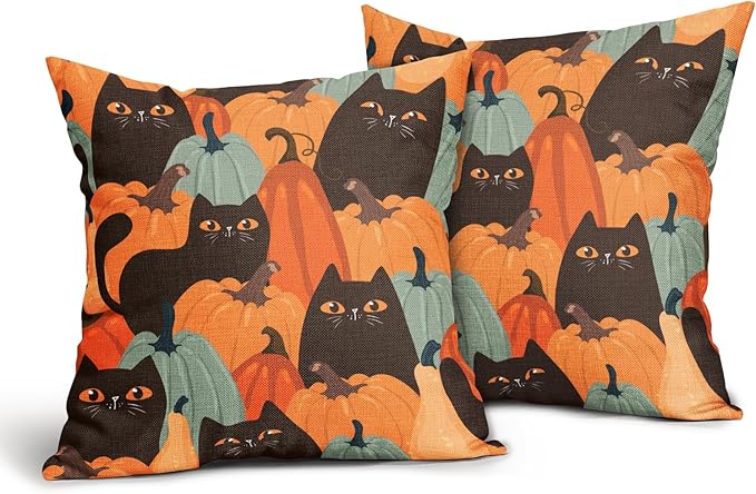 Halloween Pumpkin Fall Pillow Covers 16x16 Set of 2 Burnt Orange Cute Black Cat Print Decorative Autumn Outdoor Pillowcases with Zipper Farmhouse Holiday Throw Cushion Case Decor for Couch Sofa Bed