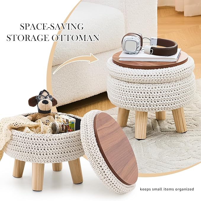 Round Storage Ottoman Foot Rest Cotton Braided Foot Stool Pouf Ottoman with Solid Wood Legs Footstool with Storage Shoe Changing Stool for Living Room White
