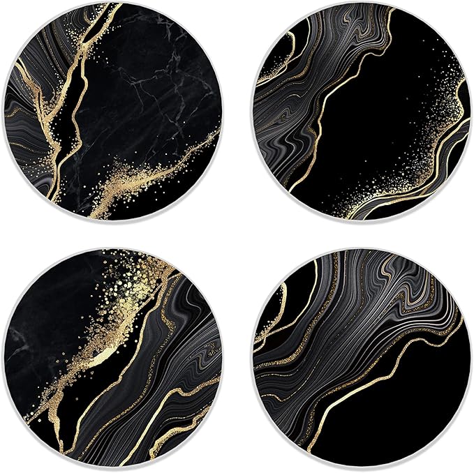 Coasters Set of 4, Black Marble Golden Glitter Ceramic Coasters with Cork Bottom for Kinds of Mugs and Cups, Home Decor, 4''