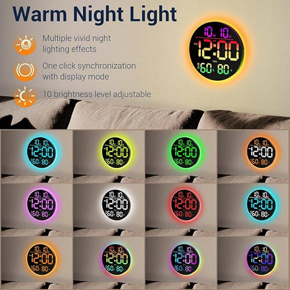 10" Large Digital Wall Clock: 13 RGB Colors Round Wall Mount Decor Clock for Classroom Dorm Office Game Living Room, House Warming Gifts New Home Decor, Christmas Birthday Gift for Men Women Senior
