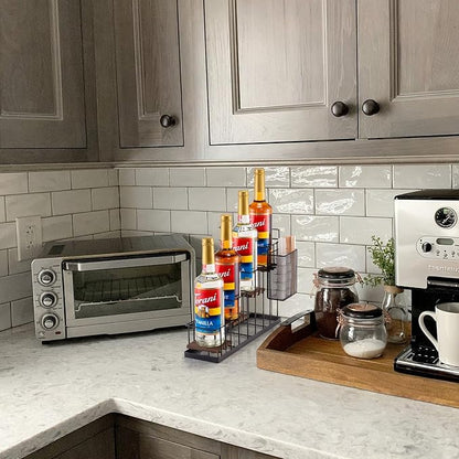 Coffee Syrup Rack Organizer, with Rustic Wood Holder Coffee Station Bar Accessory for Syrup, Wine, Dressing Bottle Countertop Display Storage Stand for Kitchen with Basket and Hooks Holds 4 Bottles