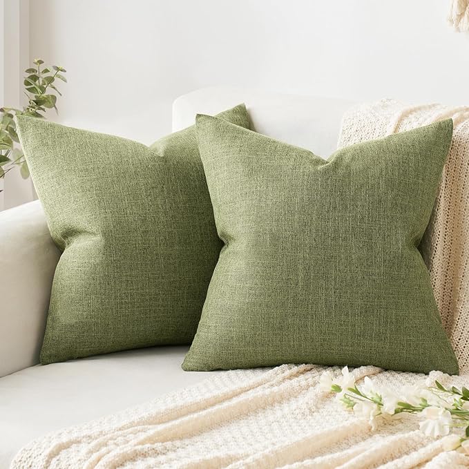 MIULEE Pack of 2 Decorative Linen Burlap Textured Pillow Covers Farmhouse Boho Accent Pillowcases Spring Home Decor for Couch Sofa Bedroom Living Room 20x20 Inch Light Olive Green