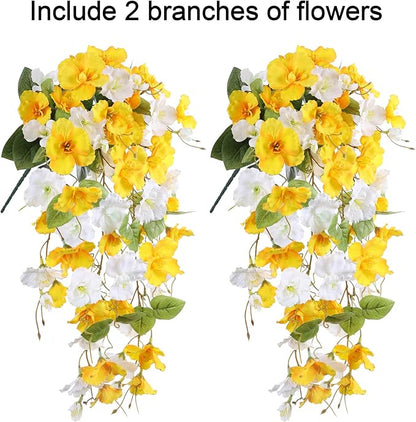 Fake Hibiscus Artificial Hanging Flowers Plants for Outdoors Spring Decoration, 2pcs Silk Hibiscus Vines Realistic UV Resistant Faux Flowers for Outside Planter Porch Patio Yard Wedding Party, Mix