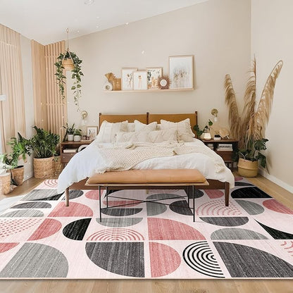 MUJOO Pink Washable Rugs 8x10,Boho Area Rugs for Living Room Bedroom,Large Throw Floor Carpet Non Slip Soft Modern Abstract Pink and Grey