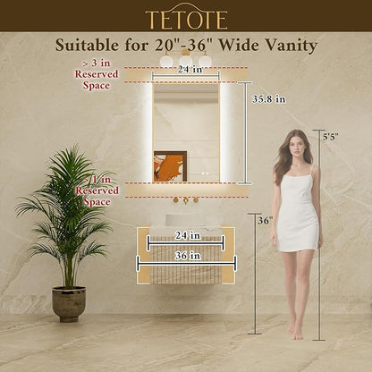 TETOTE 24 x 36 Backlit Bathroom Mirror Brushed Black Metal Frame LED Light Vanity 3-Color White/Warm/Natural Stepless Dimmable Anti-Fog Backlight Mirror Wall-Mounted