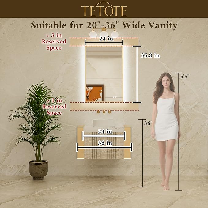 TETOTE 24 x 36 Backlit Bathroom Mirror Brushed Nickel Metal Frame LED Light Vanity 3-Color White/Warm/Natural Stepless Dimmable Anti-Fog Backlight Mirror Wall-Mounted