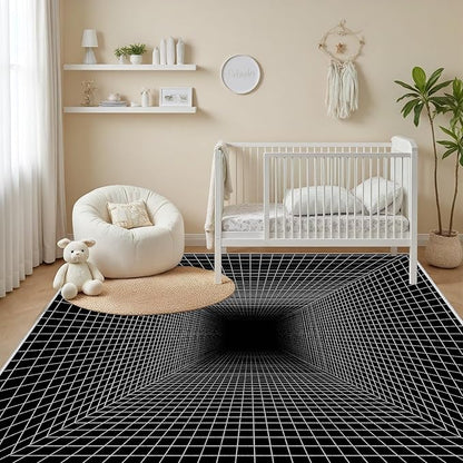 Optical Illusion Rug - Washable Rugs 6x9, Abstract Geometric Lines Soft Neutral Indoor Floor Mats Plaid Carpet, Non-Slip Stain Resistant Modern Black Rug for Bedroom, Living Room Rugs