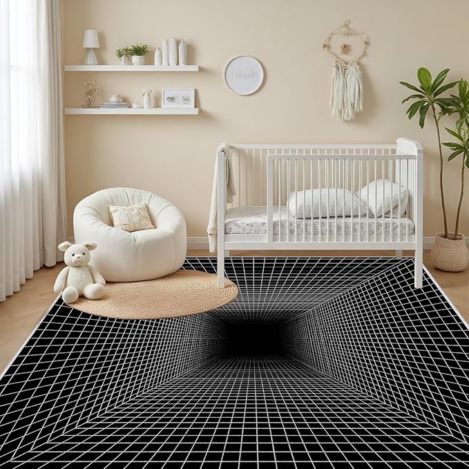 Optical Illusion Rug - Washable Rugs 4x5, Abstract Geometric Lines Soft Neutral Indoor Floor Mats Plaid Carpet, Non-Slip Stain Resistant Modern Black Rug for Bedroom, Living Room Rugs