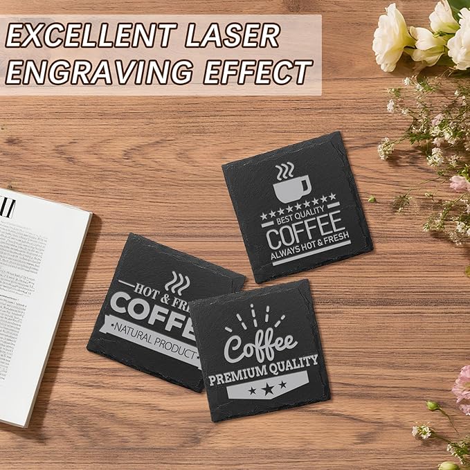 Slate Coasters, Black 4 Inch Bulk Blank Rock Coasters Blank Laser Engraving, Hand Painted DIY, Scratch Resistant Bottom (60 Square Coasters)