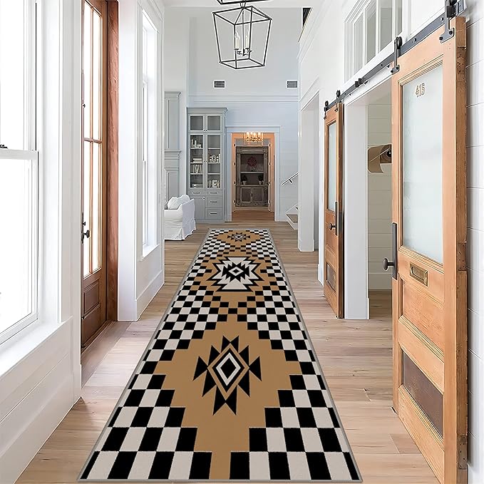 Western Aztec Long Hallway Rug Runners, 3.3x7ft, Modern Brown Diamond Check Area Carpet for Living Room, Easy Clean Fade Resistant Durable Foldable Pet Friendly Rugs for Front Door