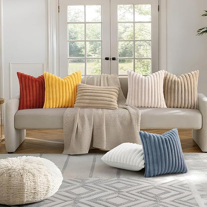decorUhome Faux Fur Spring Throw Pillow Covers 24x24 Set of 2, Decorative Soft Plush Striped Neutral Couch Euro Sham Pillow Covers with Velvet Back for Sofa, Bed, Living Room Home, Grey Blue